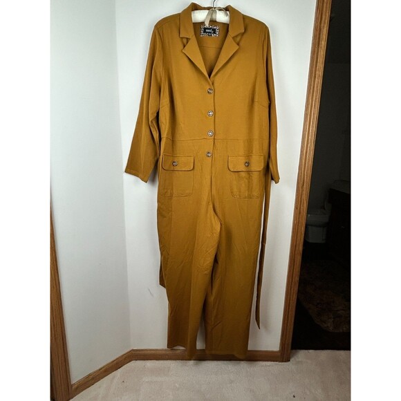 Mod X Womens 3X Mustard Belted Button Up Stretchy Jumpsuit - Picture 15 of 16